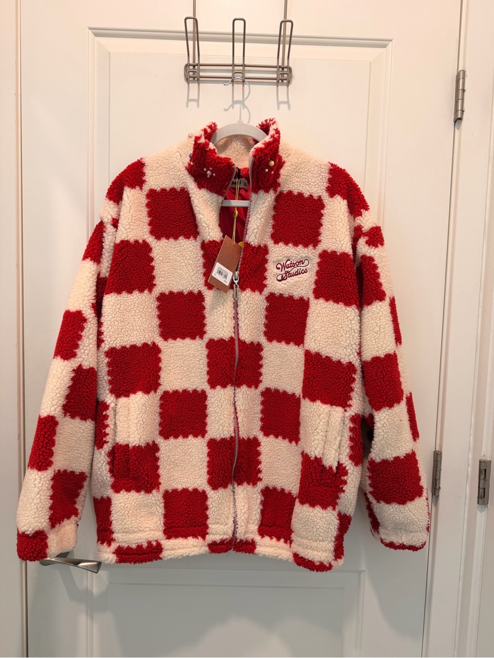 Watson Studios Checkered
Sherpa Zip-Up Jacket in Red and Cream Size XL